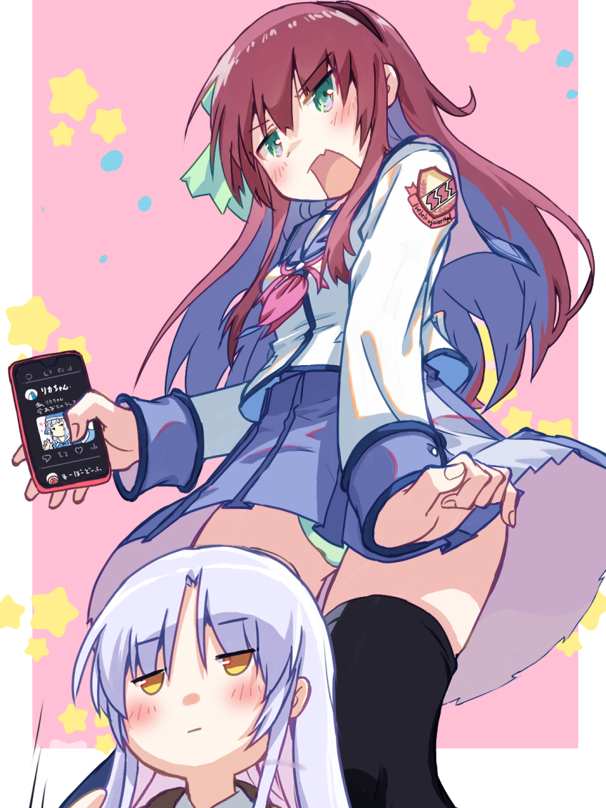 2girls akayama_yukihe angel_beats! blush cellphone fang fingernails green_eyes green_panties highres holding holding_phone long_hair long_sleeves multiple_girls nakamura_yuri open_mouth panties pantyshot phone purple_hair school_uniform serafuku skirt smartphone tachibana_kanade thighhighs underwear upskirt white_hair yellow_eyes