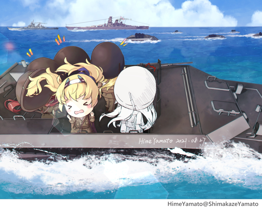 &gt;_&lt; 5girls alternate_costume artist_name battleship blonde_hair dated day gambier_bay_(kancolle) gambier_bay_mk_ii_(kancolle) highres himeyamato johnston_(kancolle) kantai_collection long_hair long_sleeves military military_uniform military_vehicle multiple_girls ocean open_mouth ship twintails twitter_username uss_iowa_(bb-61) warship watercraft yamato_(battleship)