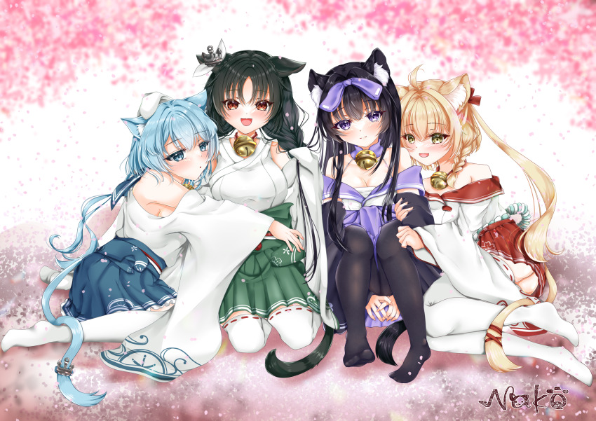 4girls absurdres animal_ear_fluff animal_ears arashio_(azur_lane) artist_name asashio_(azur_lane) azur_lane bell black_hair black_pantyhose blonde_hair blue_eyes blue_hair blue_skirt braid breasts cat_ears cat_girl cherry_blossoms cleavage closed_mouth green_skirt highres japanese_clothes jingle_bell michishio_(azur_lane) multiple_girls nako_nya neck_bell ooshio_(azur_lane) pantyhose parted_bangs purple_eyes red_eyes signature skirt thighhighs white_thighhighs wide_sleeves