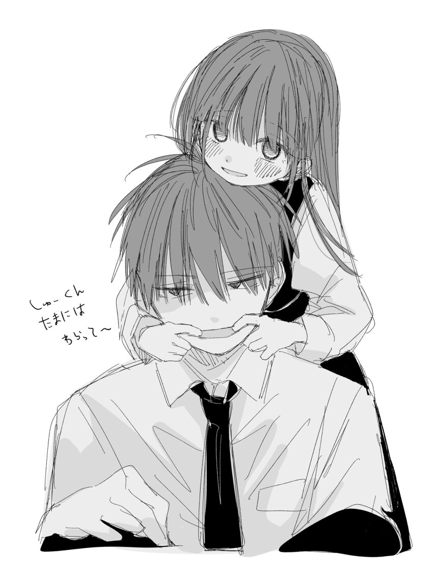 1boy 1girl collared_shirt forced_smile greyscale hair_over_eyes highres long_bangs long_hair long_sleeves looking_at_viewer monochrome necktie open_mouth original shirt short_hair simple_background sketch smile translation_request upper_body wanoumi white_background