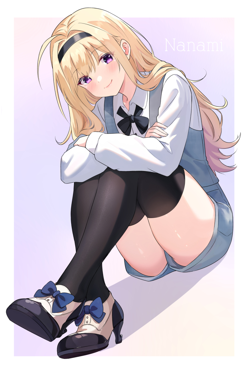 1girl black_bow black_bowtie black_hairband blonde_hair blue_bow blue_shorts border bow bowtie chaos;head character_name closed_mouth collared_shirt crossed_ankles dutch_angle gher5555 gradient_background hairband high_heels highres knees_up legs long_hair long_sleeves looking_at_viewer nishijou_nanami paid_reward_available purple_background purple_eyes shadow shirt short_shorts shorts sitting smile solo thighs white_border white_shirt