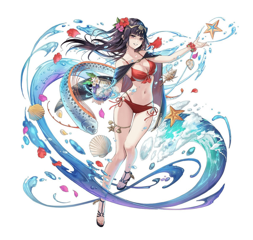 1girl bikini black_hair blush bougainvillea_(flower) bracelet breasts cape cleavage eel fire_emblem fire_emblem_awakening flower flower_bracelet full_body jewelry long_hair looking_at_viewer medium_breasts navel nintendo non-web_source official_art simple_background smile solo swimsuit tharja_(fire_emblem) tiara two_side_up water white_background