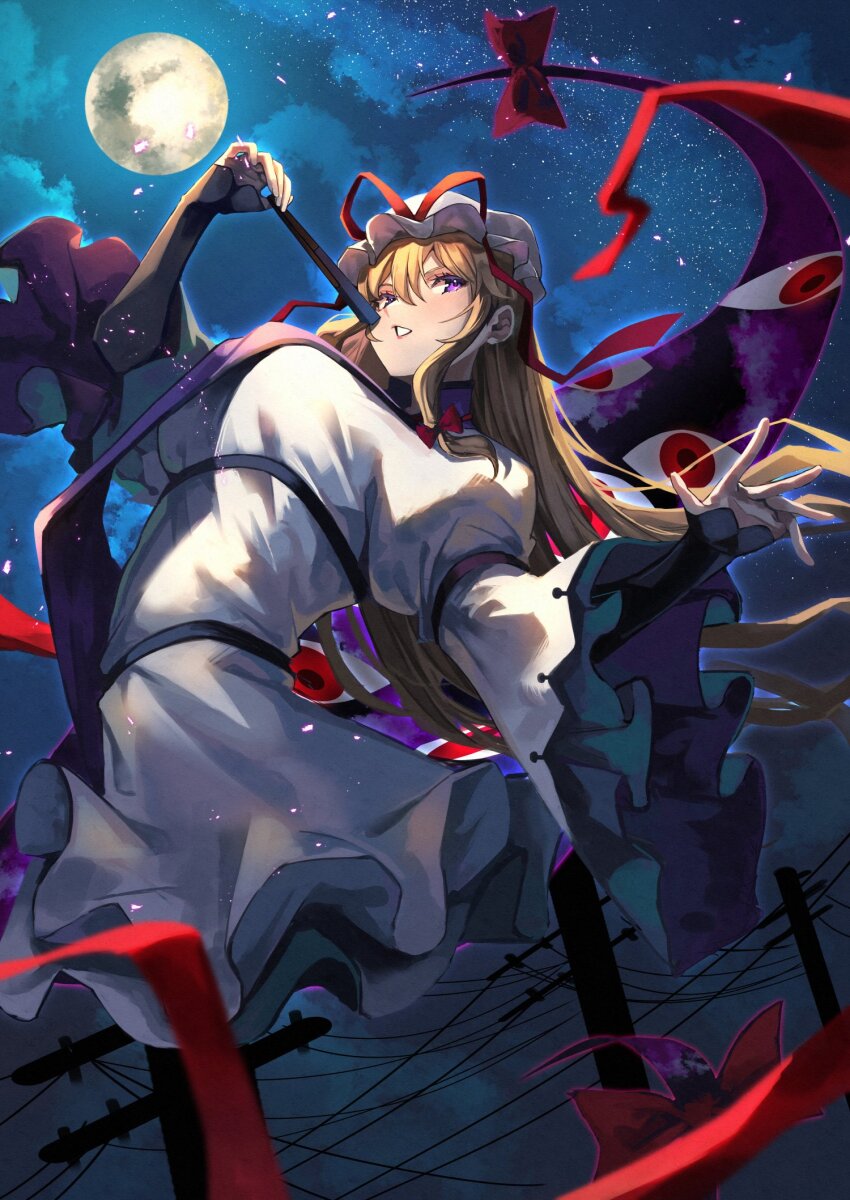 1girl black_gloves blonde_hair bow dress elbow_gloves fingerless_gloves folding_fan full_moon gap_(touhou) gloves haido_(unisan) hair_bow hair_ribbon hand_fan hat hat_ribbon highres holding holding_fan long_hair long_sleeves mob_cap moon night power_lines purple_eyes purple_tabard red_bow red_ribbon ribbon solo star_(sky) tabard touhou tress_ribbon utility_pole very_long_hair white_dress white_hat wide_sleeves yakumo_yukari