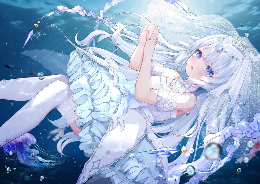 1girl artist_request blue_eyes bubble dress highres jellyfish long_hair looking_at_viewer melofinity open_mouth own_hands_together sanso_chan solo thighhighs underwater veil virtual_youtuber white_dress white_hair white_thighhighs