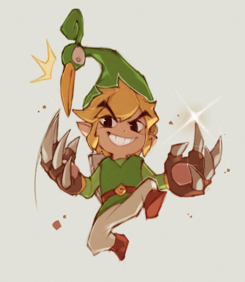 1boy belt black_eyes blonde_hair boots brown_belt brown_footwear claws commentary dirt ezlo full_body glint green_tunic grey_background grin highres jumping link long_sleeves nintendo onimiere outstretched_arms pointy_ears short_hair simple_background smile solo the_legend_of_zelda the_legend_of_zelda:_the_minish_cap toon_link tunic v-shaped_eyebrows