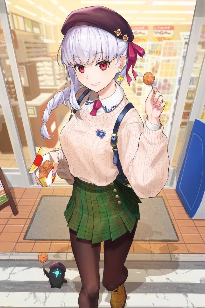 1girl asymmetrical_sidelocks badge bag beret black_bag black_hat bow braid brown_footwear brown_pantyhose button_up_skirt chicken_(food) collared_shirt convenience_store crosswalk doormat earrings fate/grand_order fate_(series) food foot_out_of_frame ginkgo_leaf green_skirt grin hat hat_bow highres holding holding_food jewelry kama_(fate) kamo_ashi lawson leaf long_hair long_sleeves looking_at_viewer necktie official_alternate_costume open_door outdoors pantyhose pink_nails plaid_clothes plaid_skirt pleated_skirt red_bow red_eyes red_necktie shelf shirt shop single_braid skirt smile solo standing sweater white_hair white_shirt