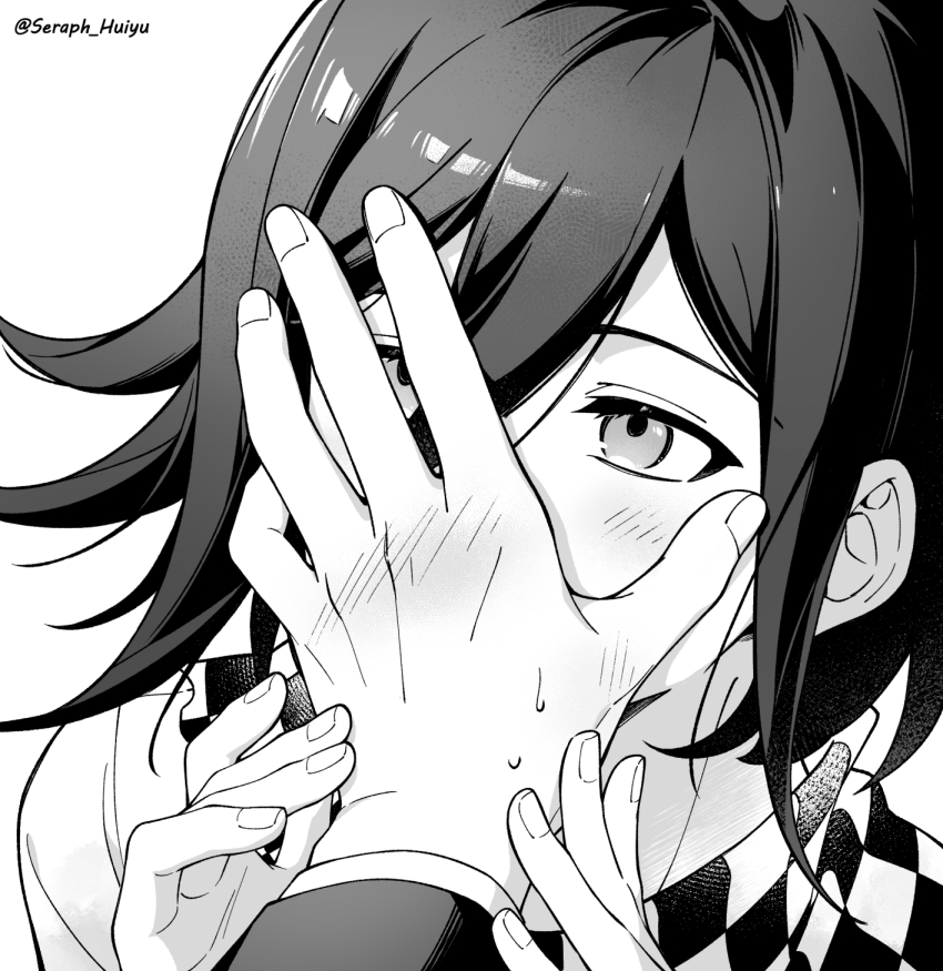 2boys artist_name blush checkered_neckerchief danganronpa_(series) danganronpa_v3:_killing_harmony ewa_(seraphhuiyu) flipped_hair greyscale hair_between_eyes hand_blush hands_up highres kiss kissing_hand long_sleeves male_focus monochrome multiple_boys neckerchief oma_kokichi portrait saihara_shuichi yaoi