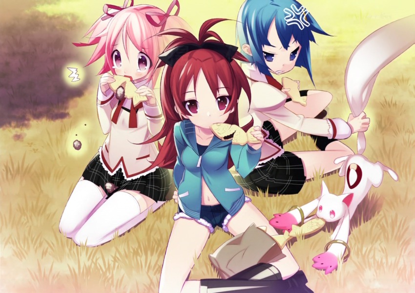 10s 3girls anger_vein anime_screenshot blue_eyes boots brown_eyes eating end_card eyecatch food hair_ribbon kaname_madoka kyubey long_hair mahou_shoujo_madoka_magica mahou_shoujo_madoka_magica_(anime) miki_sayaka multiple_girls navel non-web_source pink_hair ribbon sakura_kyoko school_uniform short_hair stitched taiyaki tensugi_takashi thighhighs third-party_edit wagashi