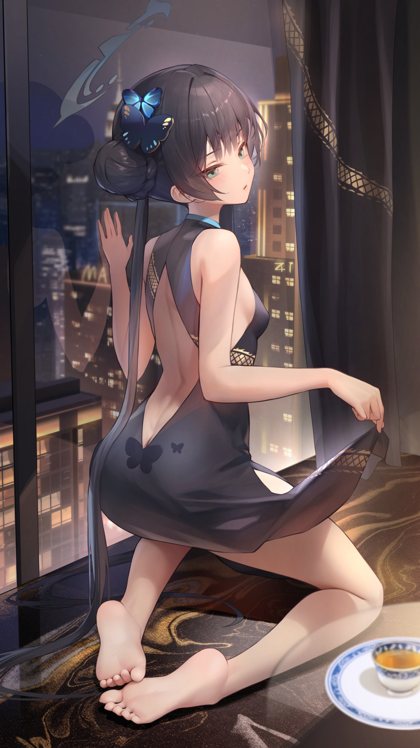 1girl absurdres barefoot black_hair blue_archive blue_eyes blush china_dress chinese_clothes clothes_lift cup double_bun dress dress_lift feet hair_bun highres kisaki_(blue_archive) long_hair looking_at_viewer parted_lips soles teacup toes zhenli-mari