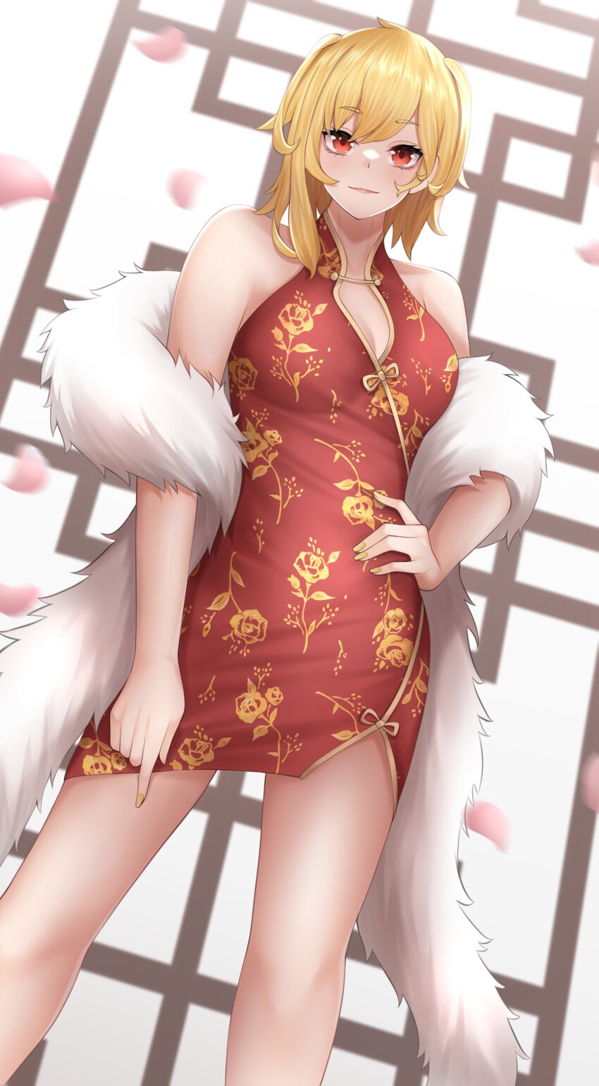 1girl absurdres bare_arms bare_shoulders blonde_hair blurry blush breasts cherry_blossoms china_dress chinese_clothes cleavage closed_mouth collarbone contrapposto dress feather_boa floral_print flower hair_between_eyes hand_on_own_hip highres hololive hololive_indonesia kaela_kovalskia large_breasts light_smile long_hair looking_at_viewer medium_hair petals popcornflakes red_dress red_eyes side_slit sidelocks sleeveless sleeveless_dress smile solo standing thighs virtual_youtuber