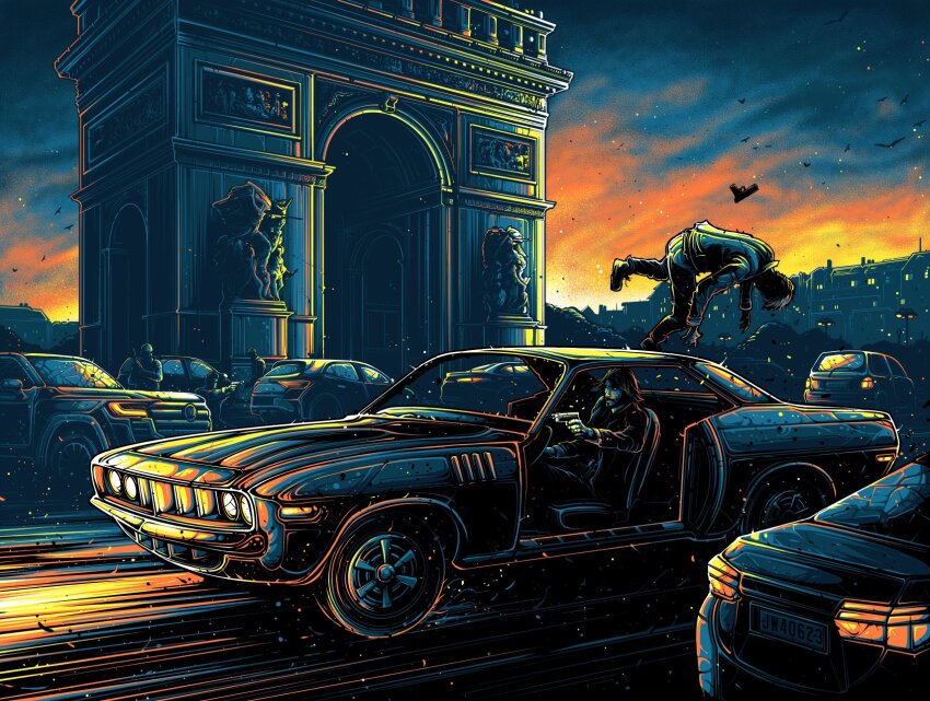 5boys arc_de_triomphe beard black_hair black_necktie car commentary dan_mumford driving english_commentary facial_hair formal_clothes france gun handgun highres holding holding_gun holding_weapon jacket john_wick john_wick_(character) keanu_reeves medium_hair motor_vehicle multiple_boys muscle_car necktie pants shirt suit traffic weapon