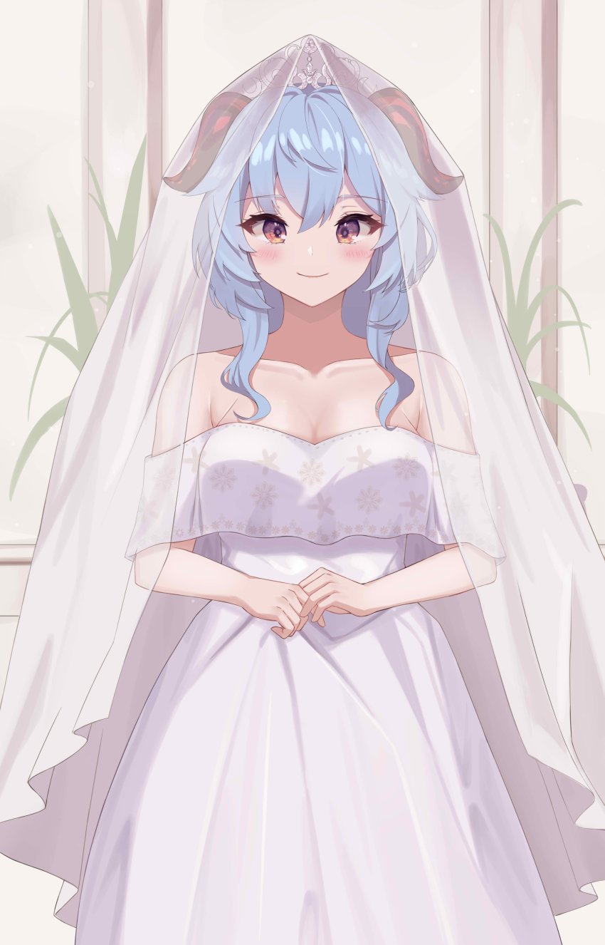 1girl absurdres ahoge blue_hair blush breasts cleavage collarbone dress ganyu_(genshin_impact) genshin_impact highres horns long_hair looking_at_viewer medium_breasts multicolored_eyes own_hands_together purple_eyes puto_(put_to_) smile solo standing veil wedding_dress white_dress