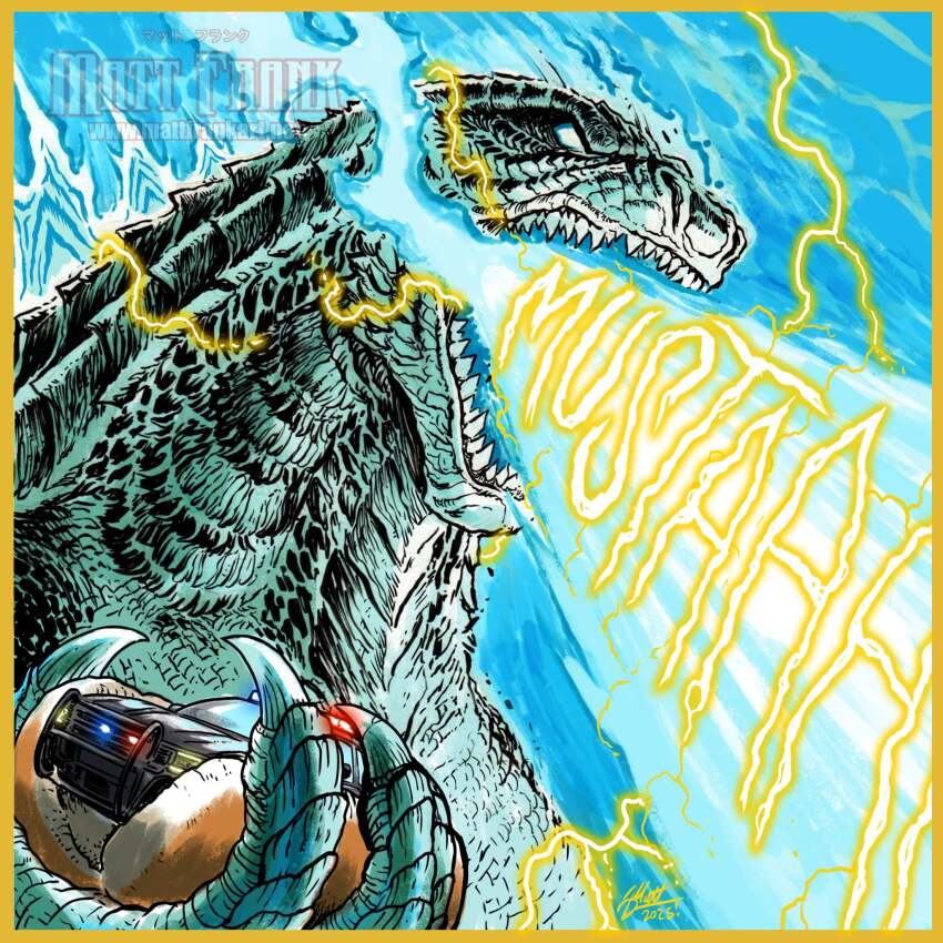 1boy artist_name blue_background car claws godzilla godzilla_(series) highres hot_dog kaiju matt_frank motor_vehicle no_humans police_car signature solo teeth toho