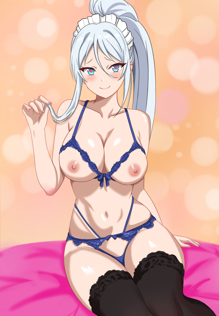 1girl black_thighhighs blue_bra blue_eyes blue_hair blush bra breasts closed_mouth code_zero dated_commentary feet_out_of_frame hair_between_eyes heart heart-shaped_pupils highres large_breasts lingerie long_hair looking_at_viewer navel nipples on_bed playing_with_own_hair ponytail revealing_clothes simple_background sitting smile solo sylpha_(dai_nana_oji) symbol-shaped_pupils tensei_shitara_dai_nana_oji_datta_no_de:_kimama_ni_majutsu_o_kiwamemasu thighhighs underwear very_long_hair