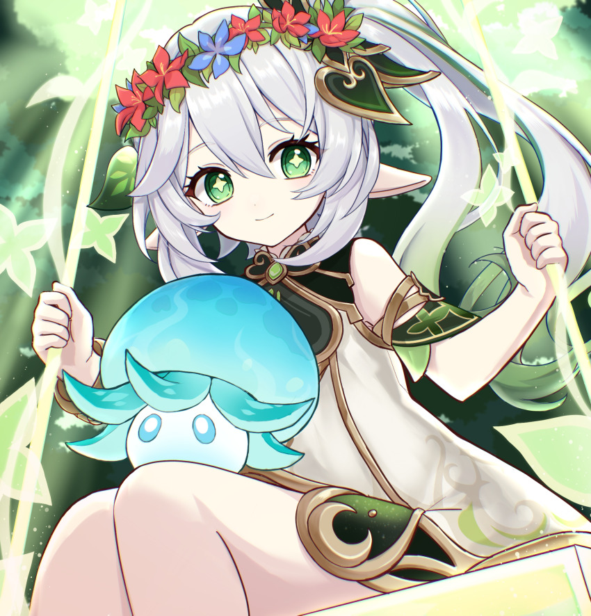 1girl bare_shoulders blue_flower bracelet closed_mouth commentary_request detached_sleeves dress flower flower_wreath fungi_(genshin_impact) genshin_impact gold_trim gradient_hair green_eyes green_hair green_sleeves hair_between_eyes hair_ornament head_wreath highres jewelry leaf_hair_ornament long_hair looking_at_viewer multicolored_hair mutumumu nahida_(genshin_impact) pointy_ears red_flower side_ponytail sitting sleeveless sleeveless_dress smile solo star-shaped_pupils star_(symbol) swing symbol-shaped_pupils white_dress white_hair