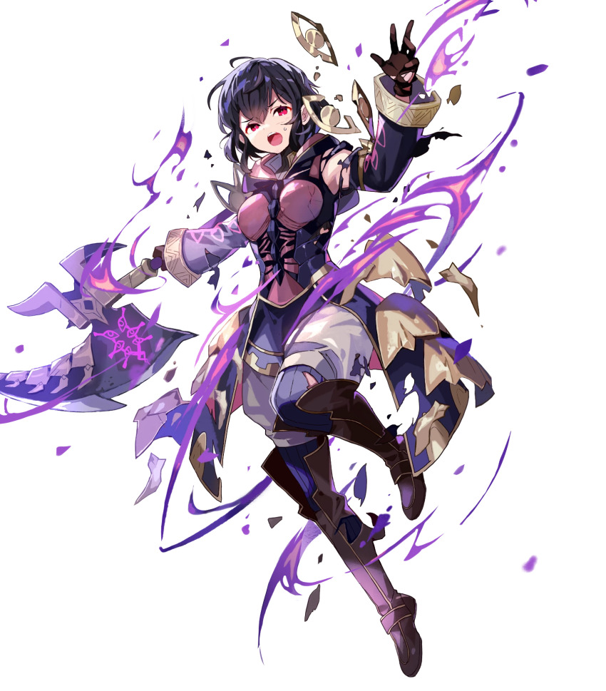 1girl aura axe battle_axe black_hair boots breasts brown_footwear brown_gloves dark_aura dark_persona eyes_of_grima fire fire_emblem fire_emblem_awakening fire_emblem_heroes gloves highres holding holding_axe knee_boots long_sleeves looking_at_viewer medium_breasts morgan_(female)_(devoted_darkness)_(fire_emblem) morgan_(female)_(fire_emblem) morgan_(fire_emblem) nintendo official_alternate_costume official_art purple_fire red_eyes short_hair third-party_source tobi_(kotetsu) torn_clothes weapon white_background