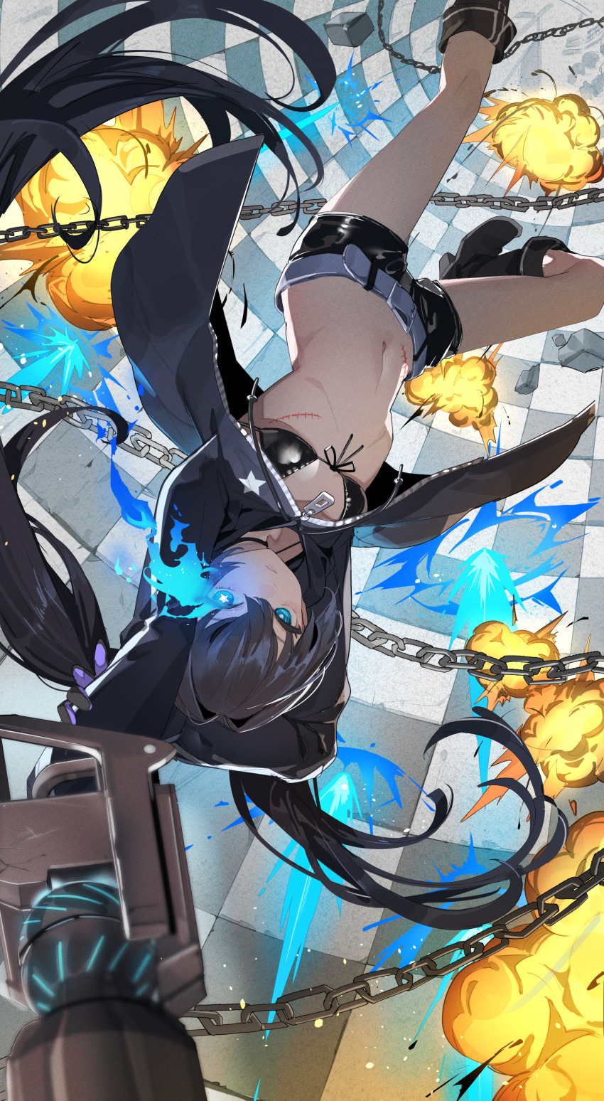 1girl absurdres bikini bikini_top_only black_bikini black_footwear black_hair black_rock_shooter black_rock_shooter_(character) black_shorts blue_eyes boots breasts chain closed_mouth commentary explosion flaming_eye front-tie_bikini_top front-tie_top gloves highres long_hair long_sleeves looking_at_viewer mismatched_pupils navel nik_ibi no_shirt scar shorts small_breasts solo star-shaped_pupils star_(symbol) stomach swimsuit symbol-shaped_pupils twintails uneven_twintails upside-down weapon