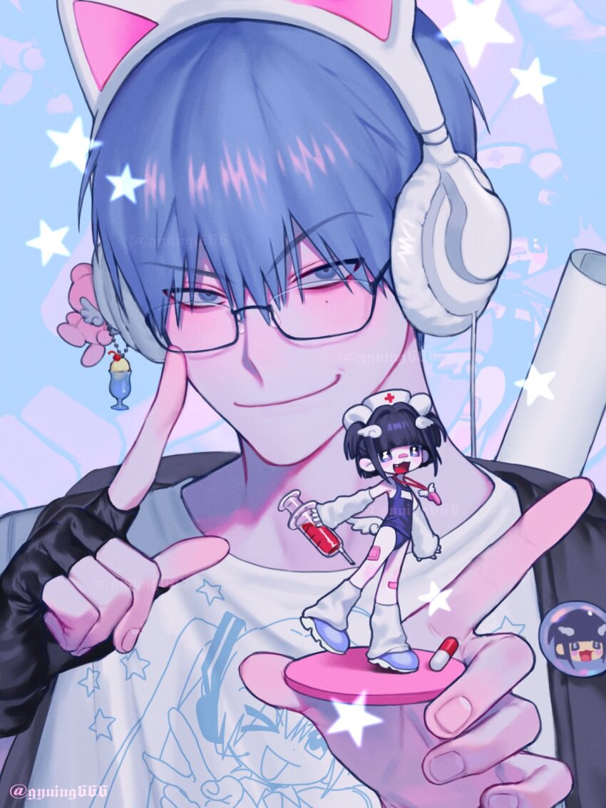 1boy aegyo_sal animal_ear_headphones animal_ears black_gloves character_print closed_mouth fake_animal_ears figure_stand fingerless_gloves glasses gloves grey_hair gyuing666 hatsune_miku headphones highres holding looking_at_viewer male_focus original shirt short_hair single_glove smile solo twitter_username upper_body vocaloid white_shirt