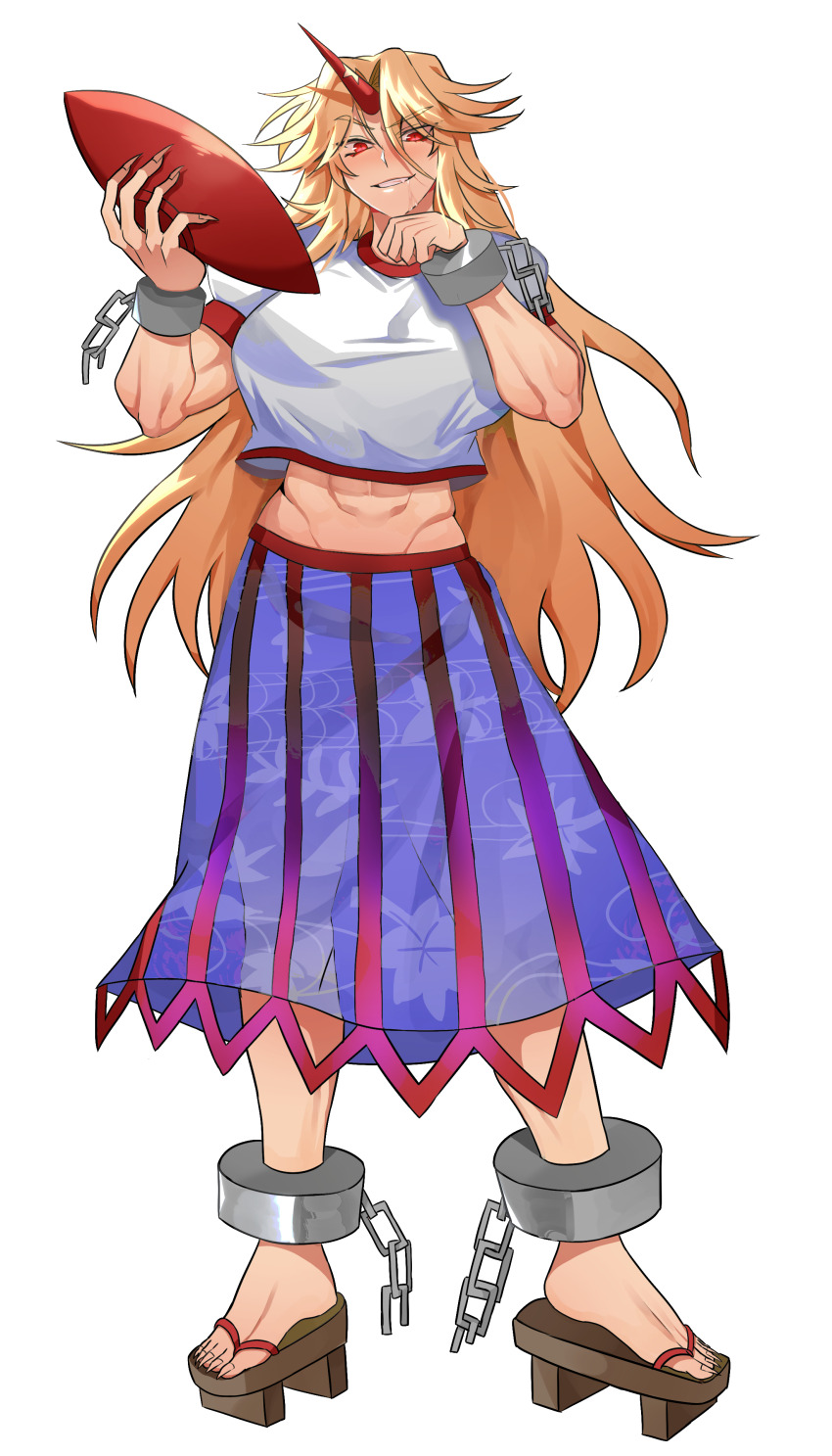 1girl abs absurdres blonde_hair blue_skirt blush breasts crop_top cropped_shirt cuffs cup dong_8_ang fingernails full_body geta grin hair_between_eyes highres holding holding_cup horns hoshiguma_yuugi large_breasts long_bangs long_hair long_skirt looking_at_viewer midriff muscular muscular_female red_eyes red_horns red_skirt sakazuki see-through_clothes see-through_skirt shackles sharp_fingernails sharp_toenails shirt simple_background single_horn skirt smile solo standing star_(symbol) striped_clothes striped_skirt t-shirt toenails touhou transparent_background very_long_hair white_shirt wiping_mouth