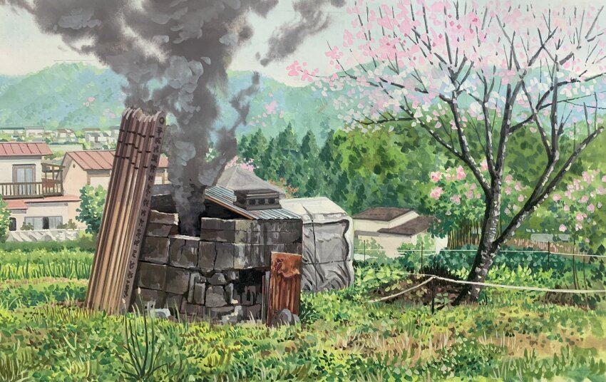 brick_wall cherry_blossoms cinder_block day doremifa84 farm fence_post forest grass highres mountain mountainous_horizon nature no_humans original pine_tree rope_fence rural scenery shack smoke_trail town tree