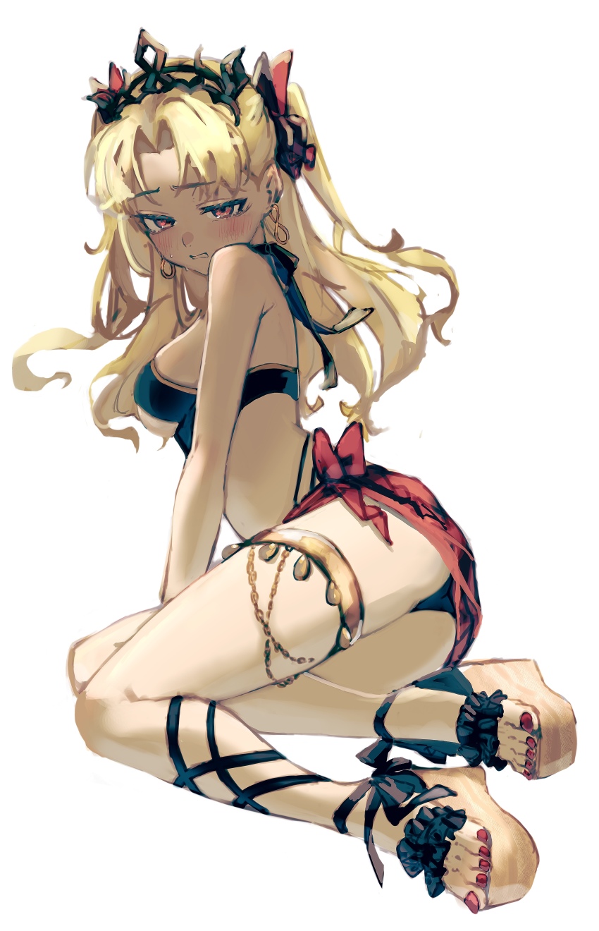 1girl absurdres alternate_costume bikini black_bikini black_tiara blonde_hair blush breasts clenched_teeth commentary_request curtained_hair earrings ereshkigal_(fate) fate/grand_order fate_(series) full_body highres jewelry long_hair medium_breasts mochi_upamo nail_polish platform_footwear red_eyes red_nails sandals sarong simple_background solo sweat swimsuit teeth thighlet tiara two_side_up white_background