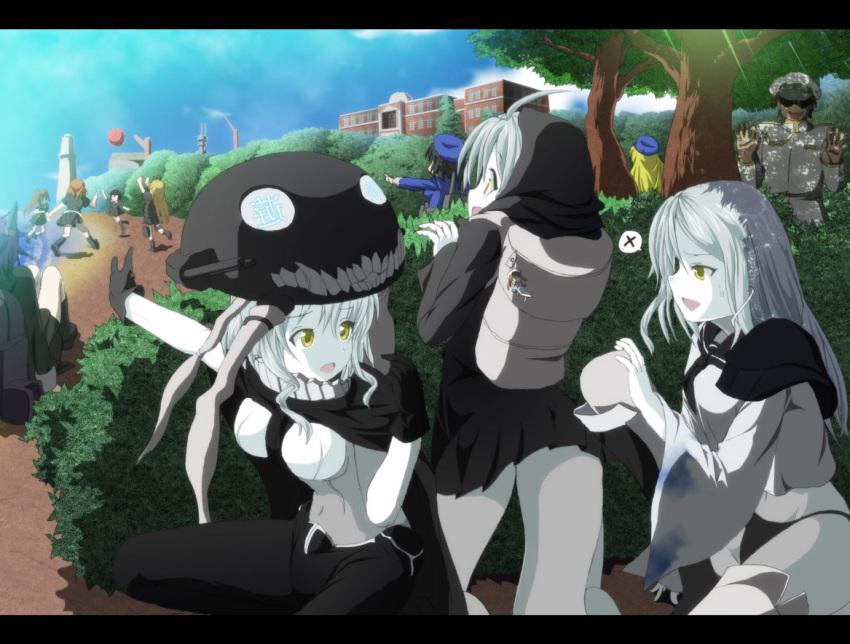 10s 1boy 6+girls abyssal_ship admiral_(kancolle) atago_(kancolle) backpack bag ball bikini bikini_bottom_only black_hair black_serafuku blonde_hair breasts brown_hair error_musume expressive_clothes gesture girl_holding_a_cat_(kancolle) gloves hat kantai_collection large_breasts letterboxed long_hair multiple_girls murasame_(kancolle) open_mouth pale_skin personification re-class_battleship rrw_(wrwrwr54) school_uniform serafuku shigure_(kancolle) shiratsuyu_(kancolle) short_hair silver_hair swimsuit ta-class_battleship tail takao_(kancolle) tenryuu_(kancolle) tongue translation_request wo-class_aircraft_carrier wrwr yellow_eyes yuudachi_(kancolle)