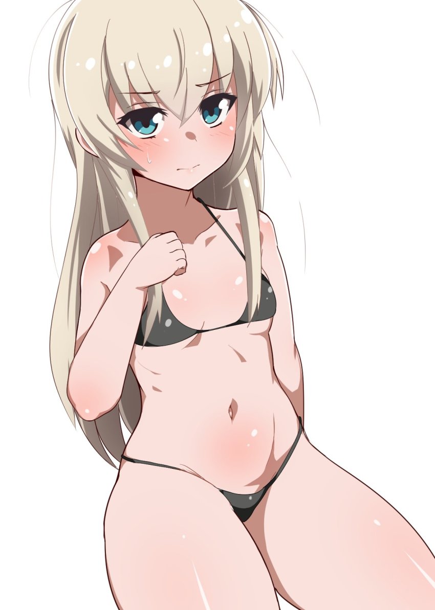 10s 1girl bikini black_bikini blonde_hair blue_eyes breasts collarbone cowboy_shot female_focus flat_chest highres long_hair messy_hair navel ribs seihekiog simple_background small_breasts solo swimsuit takanashi_misha uchi_no_maid_ga_uzasugiru! white_background