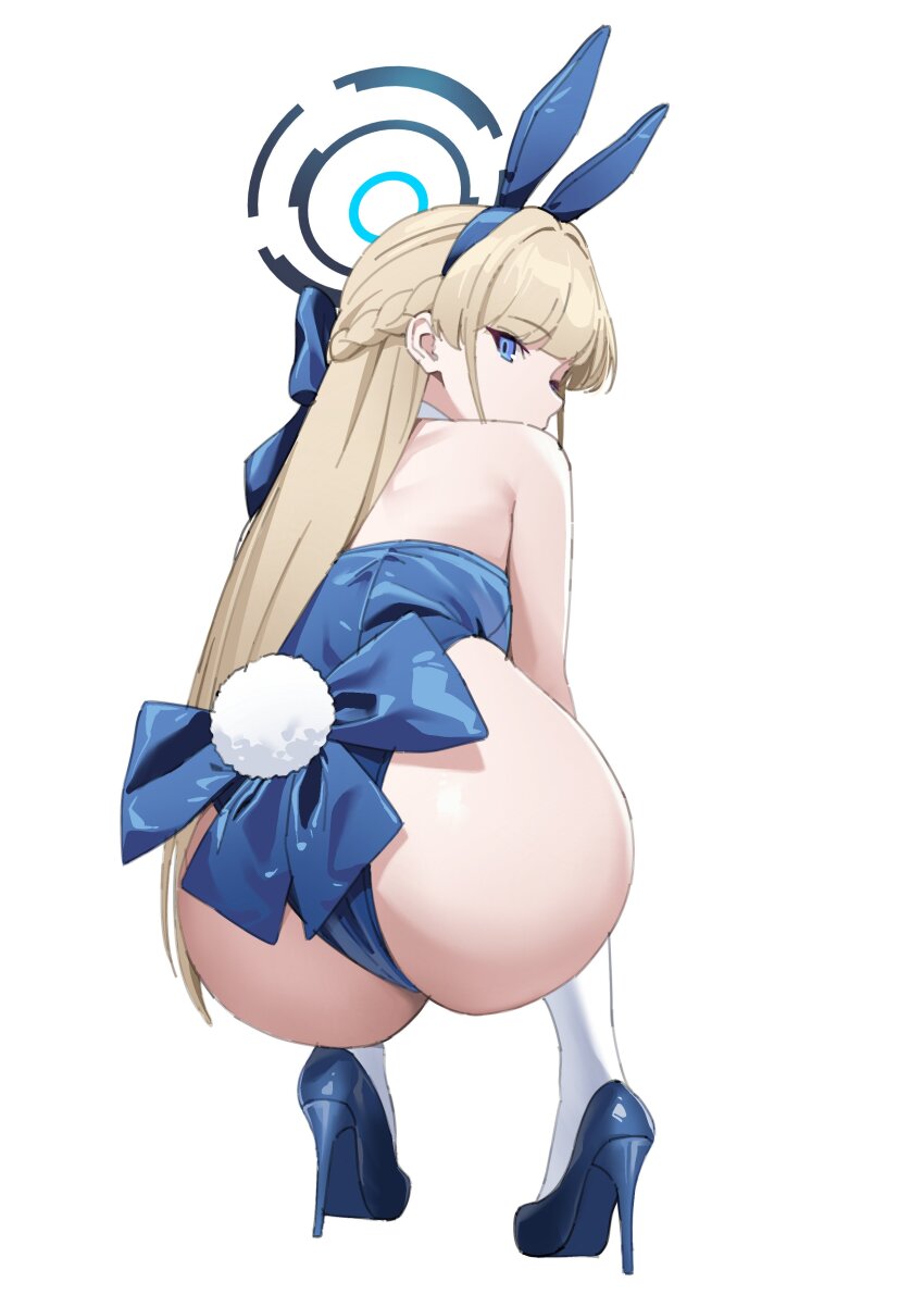 1girl absurdres animal_ears ass backless_leotard blonde_hair blue_archive blue_bow blue_eyes blue_footwear blue_leotard bow braid commentary covered_mouth fake_animal_ears fake_tail from_behind hair_bow halo high_heels highleg highleg_leotard highres leotard long_hair looking_at_viewer looking_back nyus0721 official_alternate_costume playboy_bunny pumps rabbit_ears rabbit_tail simple_background solo squatting strapless strapless_leotard tail thighhighs toki_(blue_archive) toki_(bunny)_(blue_archive) very_long_hair white_background white_thighhighs