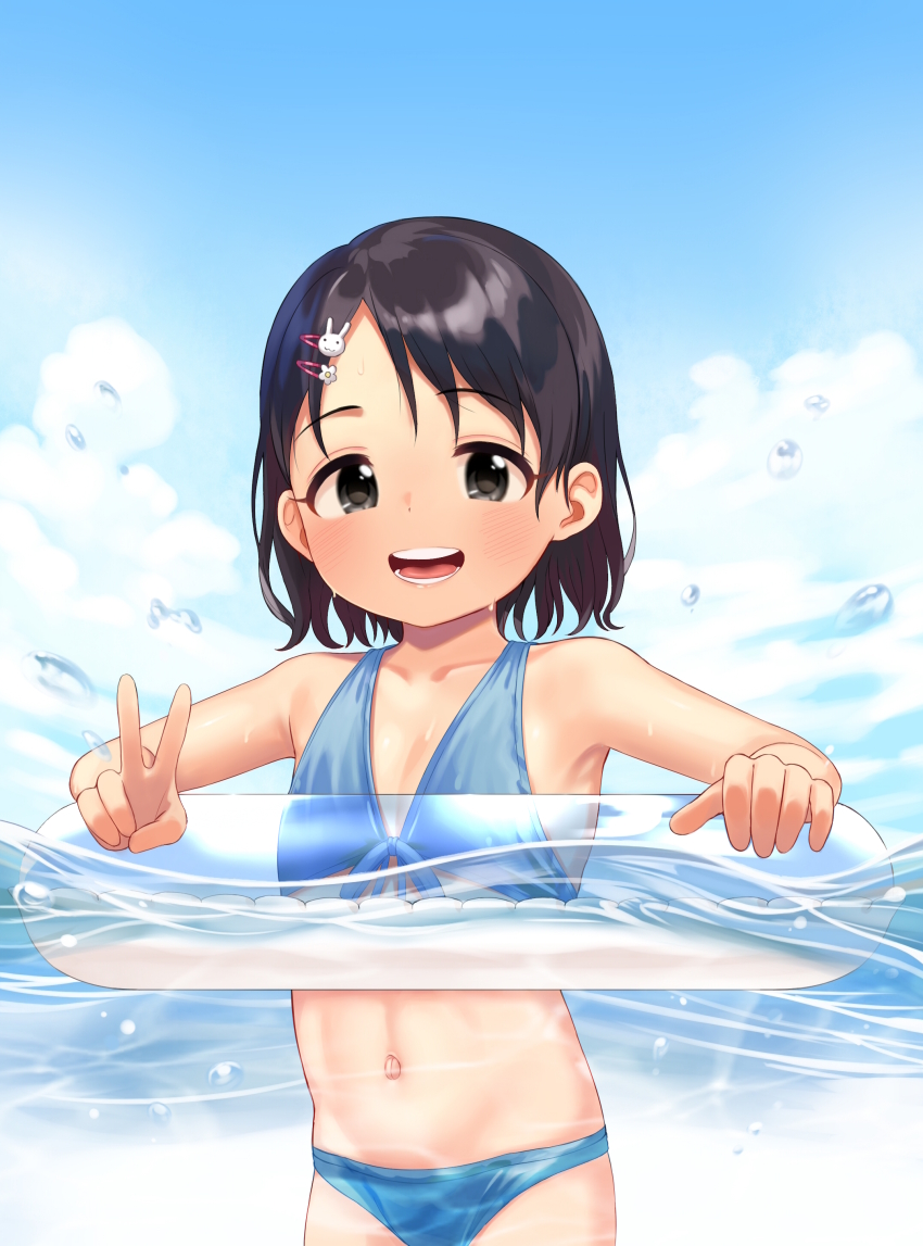 1girl absurdres atg_(wttoo0202) bikini black_eyes black_hair blue_bikini blue_sky blush cloud day flat_chest hair_ornament hairclip highres idolmaster idolmaster_cinderella_girls innertube looking_at_viewer navel open_mouth partially_submerged partially_underwater_shot sasaki_chie short_hair sky smile solo swim_ring swimsuit underwater v water wet