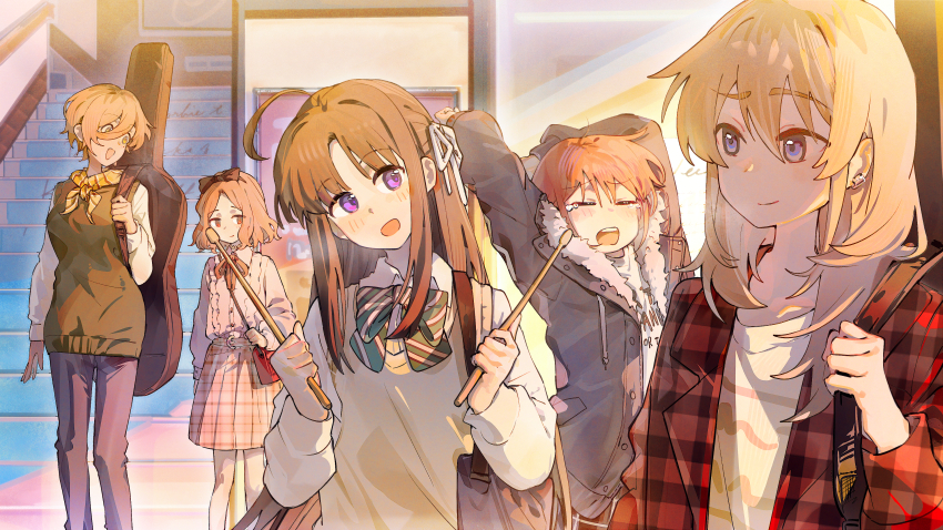 5girls absurdres ahoge awa_subaru bag black_bow black_hair blue_bag blue_eyes blue_jacket blush bow bowtie breasts brown_hair brown_skirt brown_sweater_vest center_frills closed_eyes commentary_request diagonal-striped_bow diagonal-striped_bowtie diagonal-striped_clothes dress_shirt drumsticks earclip ebizuka_tomo frills girls_band_cry green_bow green_bowtie grey_hair grey_pants guitar_case hair_between_eyes hair_bow hair_ribbon highres holding holding_drumsticks instrument_case instrument_on_back iseri_nina jacket kawaragi_momoka large_breasts long_hair long_hair_between_eyes long_sleeves multicolored_hair multiple_girls neck_ribbon neckerchief open_mouth pants pantyhose parted_bangs plaid_clothes plaid_jacket plaid_skirt red_bag red_eyes red_jacket red_ribbon ribbon roots_(hair) rupa_(girls_band_cry) school_uniform shirt short_hair shoulder_bag sidelocks skirt stairs stretching striped_clothes sweater_vest teeth togenashi_togeari unmoving_pattern upper_teeth_only white_pantyhose white_ribbon white_shirt ydpfa yellow_neckerchief