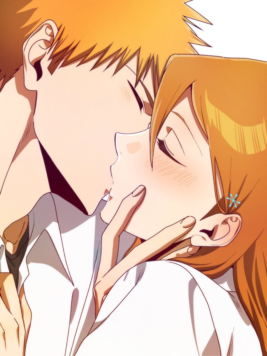 1boy 1girl absurdres bleach blush closed_eyes collared_shirt hair_between_eyes hair_ornament hairpin hetero highres inoue_orihime kiss kurosaki_ichigo long_hair n_(nauki_11) orange_hair portrait shirt short_hair spiked_hair white_shirt