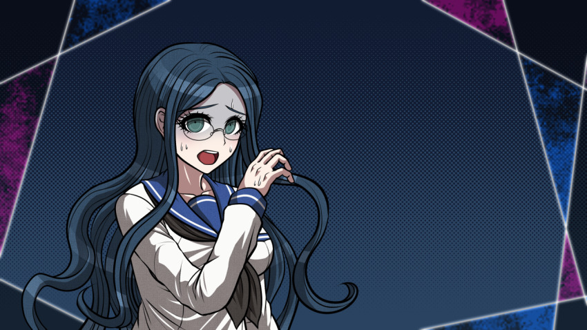 1girl black_neckwear blue_background blue_hair blue_sailor_collar collarbone danganronpa_(series) floating_hair glasses green_eyes long_hair long_sleeves looking_at_viewer danganronpa_v3:_killing_harmony official_alternate_costume official_style open_mouth rimless_eyewear sailor_collar school_uniform serafuku shirogane_tsumugi shirt solo sweatdrop upper_body very_long_hair white_shirt yumaru_(marumarumaru)