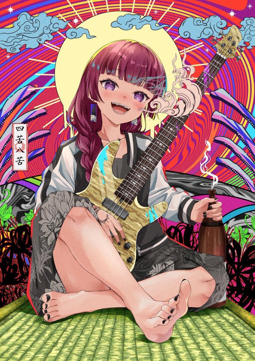 barefoot bass_guitar black_nails blunt_bangs bocchi_the_rock! bottle braid crossed_legs dress earrings exhaling_smoke feet floral_print_dress foot_focus glass_bottle highres hiroi_kikuri holding holding_bass_guitar holding_bottle holding_instrument instrument jacket jewelry kikugawa_roku multicolored_clothes multicolored_jacket nail_polish psychedelic purple_eyes purple_hair sake_bottle sharp_teeth sidelocks sundress tatami teeth two-tone_jacket