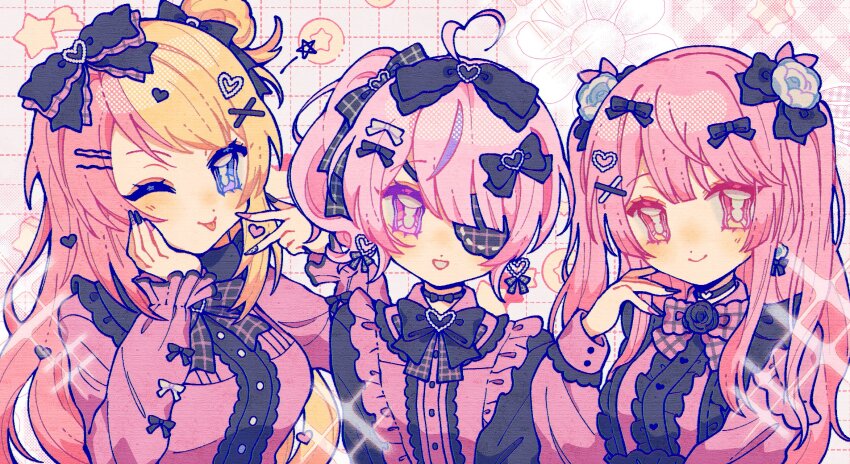 3girls ahoge black_bow black_choker black_nails blonde_hair blue_eyes bow choker earrings eyepatch frills grid_background hair_bow hair_ornament hand_on_own_cheek hand_on_own_face heart heart_ahoge heart_hair_ornament highres jewelry kotoka_torahime long_hair maria_marionette multicolored_hair multiple_girls nijisanji nijisanji_en pink_eyes pink_hair pink_nails purple_eyes rosemi_lovelock side_ponytail split-color_hair swept_bangs tmkgtmkg virtual_youtuber x_hair_ornament