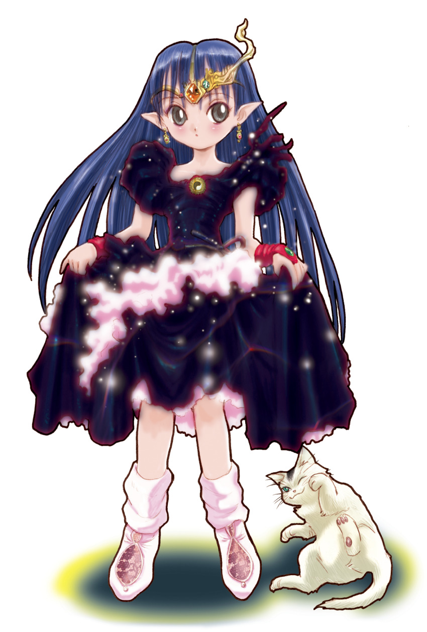 1girl aged_down akai_takami blue_hair blush cat commentary_request dress earrings expressionless full_body grey_eyes headpiece highres jewelry lafiel long_hair pointy_ears princess seikai_no_monshou seikai_no_senki simple_background skirt_hold white_background