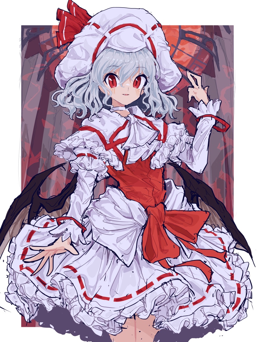 1girl absurdres ascot bat_wings blue_hair capelet choker curiosities_of_lotus_asia frills hat hat_ribbon highres light_blue_hair long_sleeves mob_cap mugi_(mugimugi_9kv) red_eyes remilia_scarlet ribbon skirt touhou vampire white_skirt wings