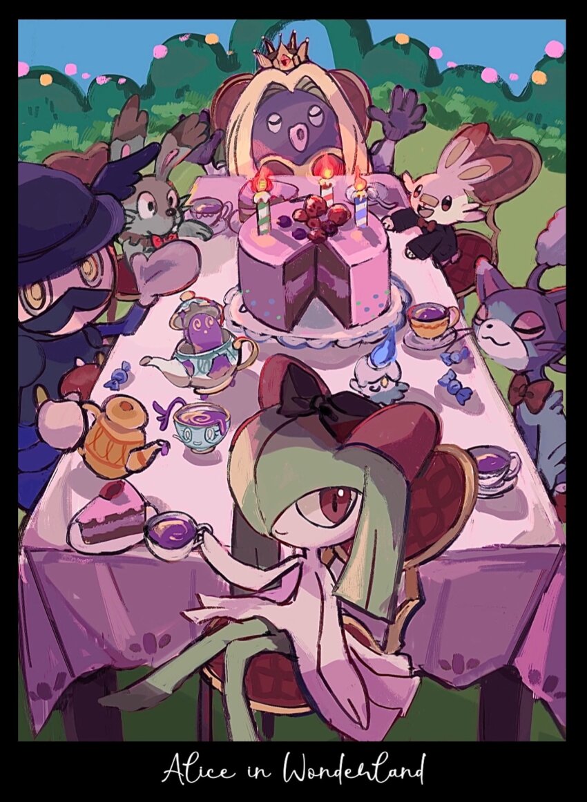 alice_in_wonderland anzu_(01010611) black_bow blonde_hair bow bowtie bunnelby cake cake_slice candle clothed_pokemon colored_skin creatures_(company) crown facial_hair food game_freak gen_1_pokemon gen_3_pokemon gen_4_pokemon gen_5_pokemon gen_6_pokemon gen_8_pokemon glameow green_hair green_skin hair_bow hair_over_one_eye highres horns jynx kirlia litwick looking_at_viewer mr._rime multicolored_fur multicolored_skin mustache nintendo pokemon pokemon_(creature) polteageist purple_skin rare_candy red_bow red_bowtie scorbunny sidelocks sinistea smile two-tone_skin white_fur white_skin