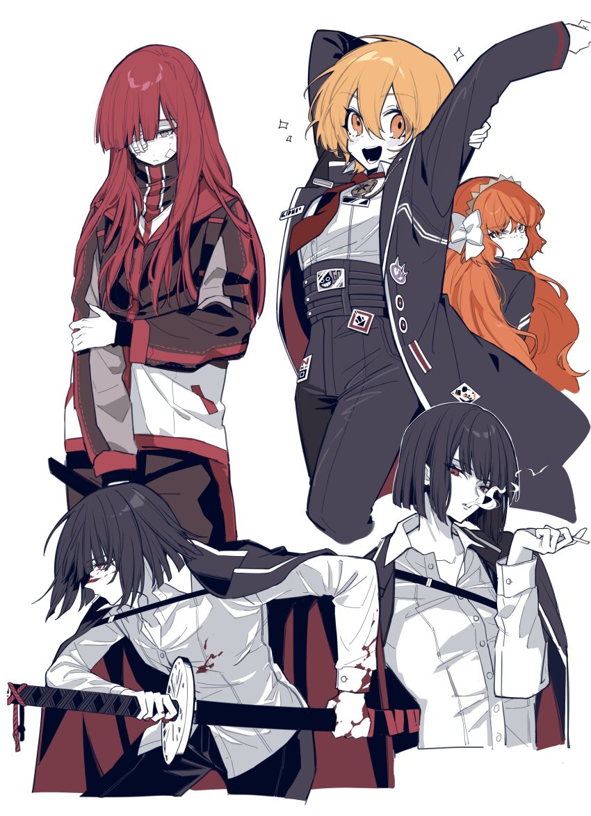 4girls absurdres arm_up black_coat black_hair black_jacket black_pants blonde_hair bow cigarette closed_mouth coat don_quixote_(project_moon) gauze gauze_over_eye green_eyes grey_eyes hair_bow high-waist_pants highres ishmael_(project_moon) jacket limbus_company lob_juice long_hair long_sleeves looking_at_viewer multiple_girls open_mouth orange_hair pants pink_hair project_moon red_eyes ryoshu_(project_moon) shirt short_hair sidelocks simple_background smile smoke sticker very_long_hair white_background white_bow white_shirt wing_collar yellow_eyes yuri_(project_moon)