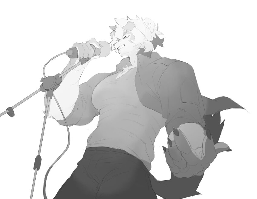 1boy arknights bara claws commentary english_commentary from_below furry furry_male greyscale highres holding holding_microphone horns hung_(arknights) komainu_boy komainu_ears komainu_tail male_focus microphone microphone_stand monochrome muscular muscular_male music pants pectorals ponytail shirt singing single_horn sketch smile white_background yuku31897736