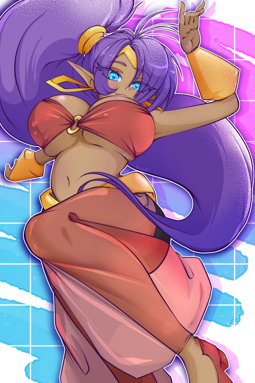 1girl arabian_clothes artist_request blue_background blue_eyes blush bouncing_breasts bracelet breasts dark-skinned_female dark_skin earrings glitter gold gradient_background highres huge_breasts jewelry large_breasts looking_down navel o-ring one_leg_raised pink_background pointy_ears purple_hair shantae shantae_(series) simple_background smile solo