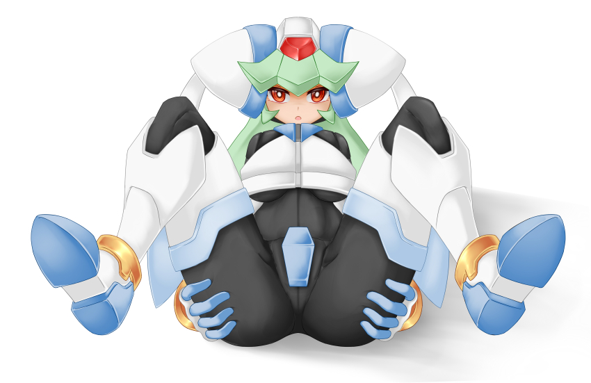 1girl absurdres armor ass black_bodysuit bodysuit breasts crotch_plate forehead_jewel full_body green_hair helmet highres large_breasts long_hair mega_man_(series) mega_man_zx model_w_(mega_man) pandora_(mega_man) red_eyes sf2250 simple_background solo white_armor white_background white_helmet