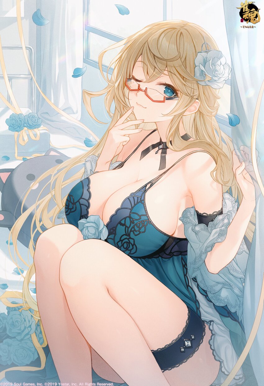 1girl :3 absurdres aqua_babydoll aqua_eyes babydoll black_choker blonde_hair breasts choker cleavage copyright_name double-parted_bangs fingernails flower glasses hair_flower hair_ornament hand_on_own_chin highres indoors kisaragi_ayane knees_up large_breasts logo long_hair looking_at_viewer mahjong_soul official_art on_bed one_eye_closed petals second-party_source semi-rimless_eyewear sitting smile solo stuffed_animal stuffed_toy thigh_strap very_long_hair watermark yashiro_seika