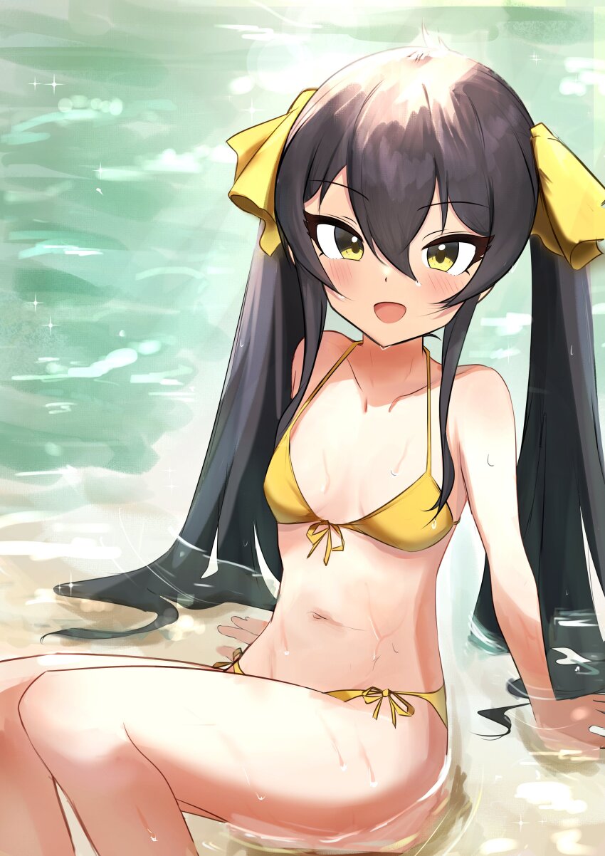 1girl absurdres arm_support bare_shoulders bikini black_hair blush bow breasts collarbone dot_nose front-tie_bikini_top front-tie_top hair_between_eyes hair_bow hair_ribbon highres idolmaster idolmaster_cinderella_girls idolmaster_cinderella_girls_starlight_stage long_hair looking_at_viewer matoba_risa navel nyubebe open_mouth ribbon side-tie_bikini_bottom sitting small_breasts smile solo swimsuit twintails water wet yellow_bikini yellow_eyes yellow_ribbon