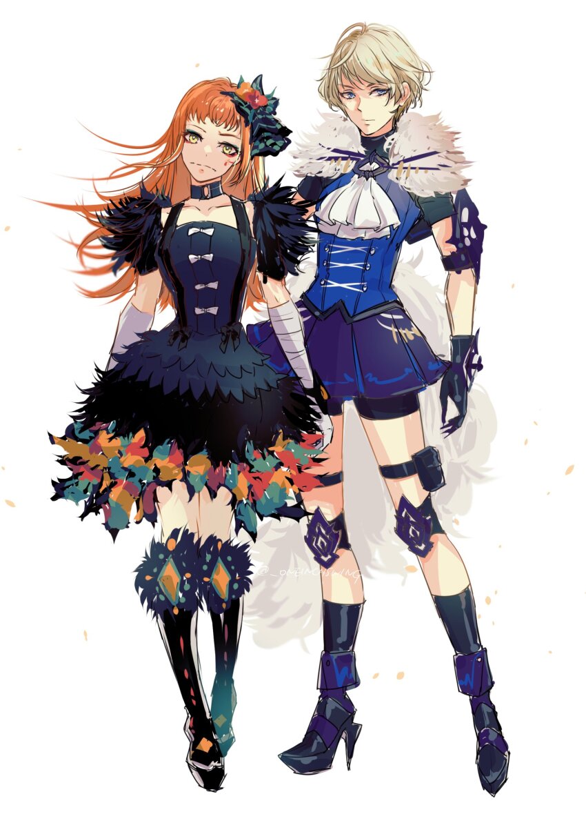 2girls ascot bandaged_arm bandages black_choker black_dress black_footwear black_gloves black_socks blonde_hair blue_shirt boots bow choker dress fire_emblem fire_emblem_engage full_body fur-trimmed_boots fur_trim gloves head_tilt high_heels highres knee_pads long_hair looking_at_viewer merrin_(fire_emblem) miniskirt multiple_girls nintendo orange_hair panette_(fire_emblem) pouch purple_skirt shirt short_sleeves simple_background skirt socks standing thigh_strap umi_(_oneinchswing) very_long_hair white_ascot white_background white_bow yellow_eyes