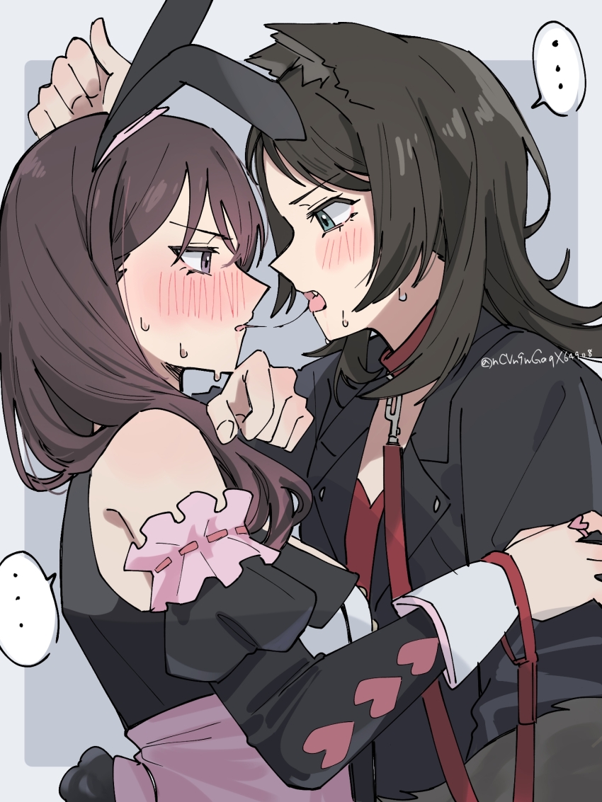 ... 2girls animal_ear_hairband animal_ears bang_dream! bang_dream!_it&#039;s_mygo!!!!! black_jacket blue_eyes blush border brown_hair collar commentary_request detached_sleeves fake_animal_ears fake_tail fang grey_background grey_border hairband highres holding holding_collar jacket jewelry juliet_sleeves kemonomimi_mode long_hair long_sleeves multiple_girls nanami_(nunnun_0410) official_alternate_costume open_clothes open_jacket open_mouth outside_border puffy_sleeves purple_eyes rabbit_tail red_collar red_shirt ring saliva saliva_trail shiina_taki shirt spoken_ellipsis sweat tail twitter_username upper_body wolf_ears wolf_girl yahata_umiri yuri