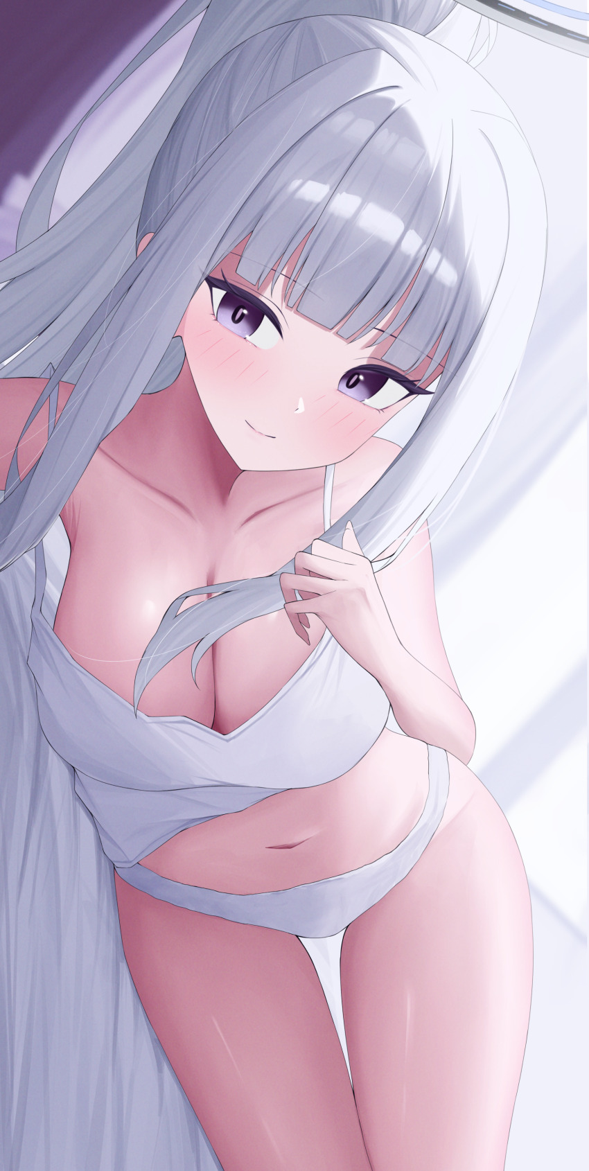 1girl absurdres alternate_costume bare_shoulders bed_sheet blue_archive blunt_bangs blush breasts camisole cleavage closed_mouth collarbone commentary grey_eyes grey_hair halo high_ponytail highres large_breasts long_hair looking_at_viewer lying navel noa_(blue_archive) on_side panties sei_(0724sei6) smile solo stomach strap_slip thighs underwear very_long_hair white_camisole white_panties