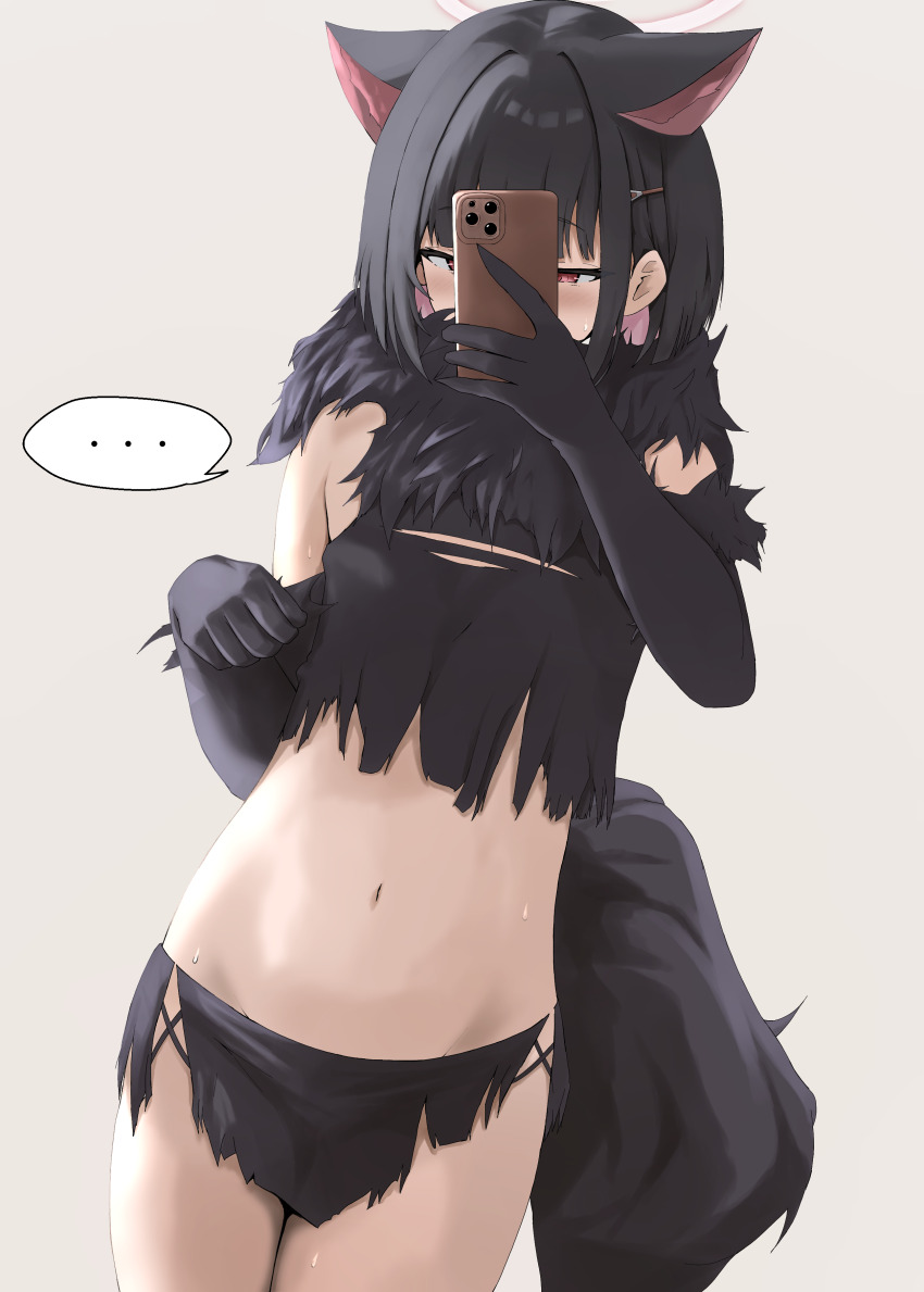 1girl absurdres animal_ears bare_legs bikini black_bikini black_hair blue_archive blunt_ends cat_ears cat_girl claws covering_face crop_top disuto elbow_gloves fur_trim gloves hair_between_eyes highres kazusa_(halloween)_(blue_archive) medium_hair mirror_selfie navel red_eyes selfie swimsuit tail