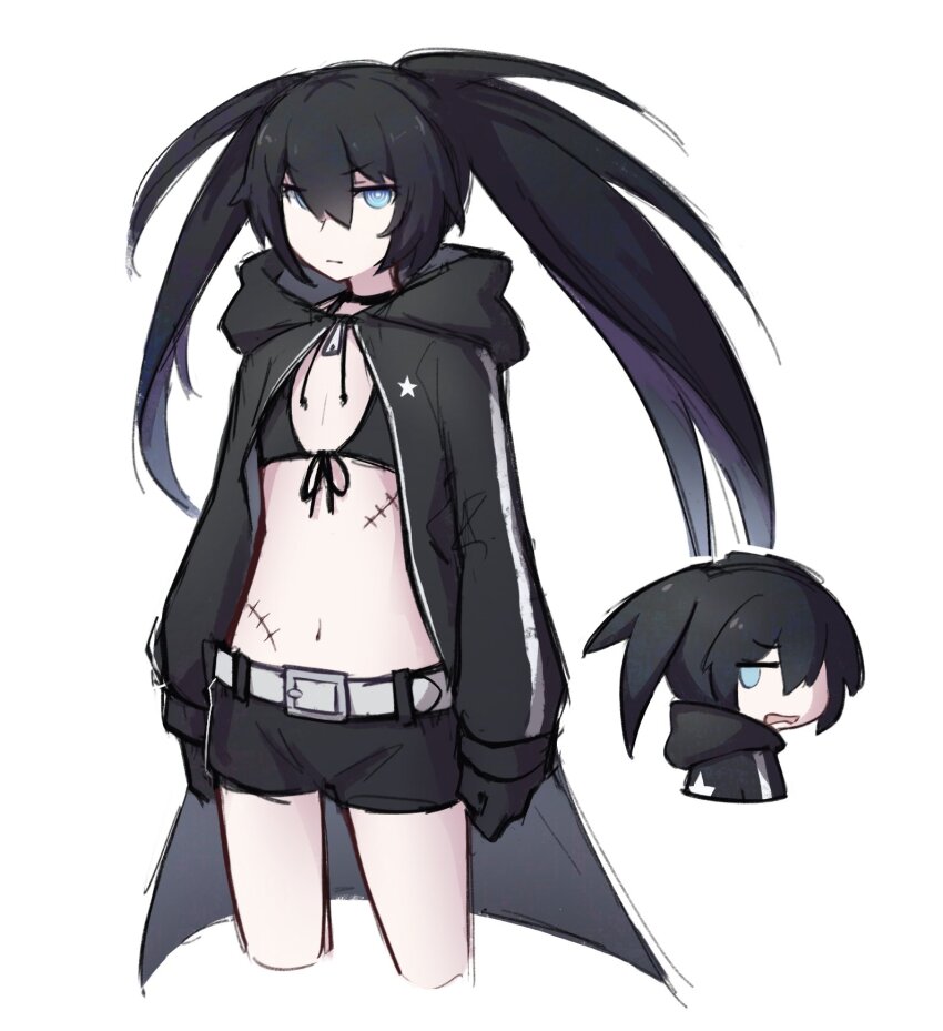 1girl belt black_choker black_coat black_gloves black_hair black_rock_shooter black_rock_shooter_(character) black_shorts blue_eyes choker coat gloves highres hood hooded_coat mehyuew39 open_clothes open_coat scar shorts star_(symbol) twintails uneven_twintails