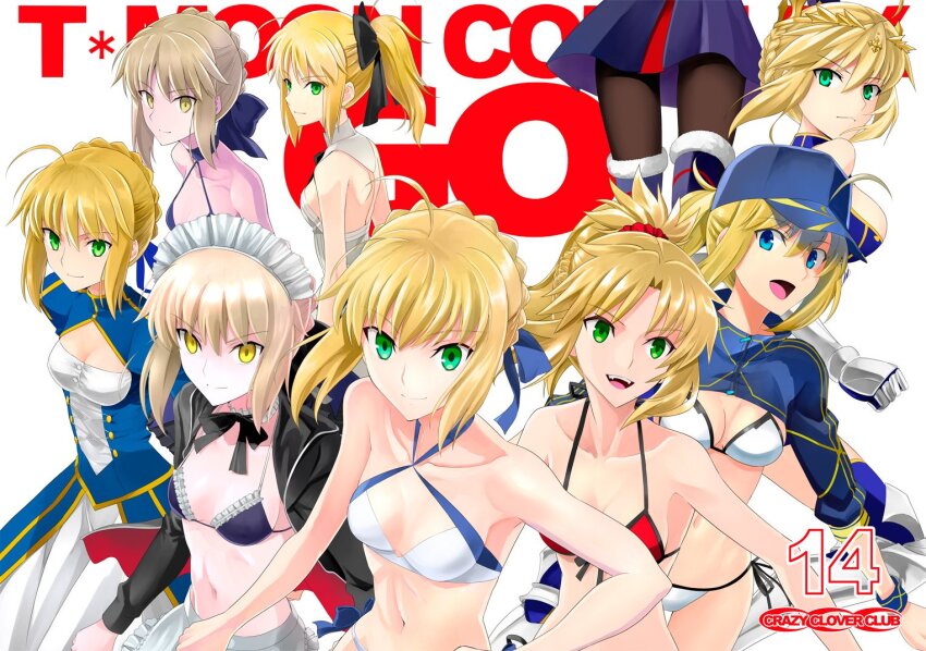 6+girls artoria_pendragon_(alter_swimsuit_rider)_(fate) artoria_pendragon_(alter_swimsuit_rider)_(second_ascension)_(fate) artoria_pendragon_(fate) artoria_pendragon_(lancer)_(fate) artoria_pendragon_(swimsuit_archer)_(fate) artoria_pendragon_(swimsuit_archer)_(first_ascension)_(fate) bikini black_bikini black_jacket blonde_hair blue_dress blue_eyes blue_hat blue_shrug bow braid breasts brown_pantyhose cleavage cleavage_cutout clothing_cutout commentary_request crown dress fate/grand_order fate_(series) gauntlets green_eyes hair_bow hat jacket large_breasts long_dress maid_headdress medium_breasts mordred_(fate) mordred_(swimsuit_rider)_(fate) mordred_(swimsuit_rider)_(first_ascension)_(fate) multiple_girls multiple_persona mysterious_heroine_x_(fate) mysterious_heroine_xx_(fate) navel pale_skin pantyhose ponytail red_bikini saber_(fate) saber_alter saber_alter_(final_ascension) saber_lily santa_alter shirotsumekusa small_breasts swimsuit white_bikini white_dress wristband yellow_eyes