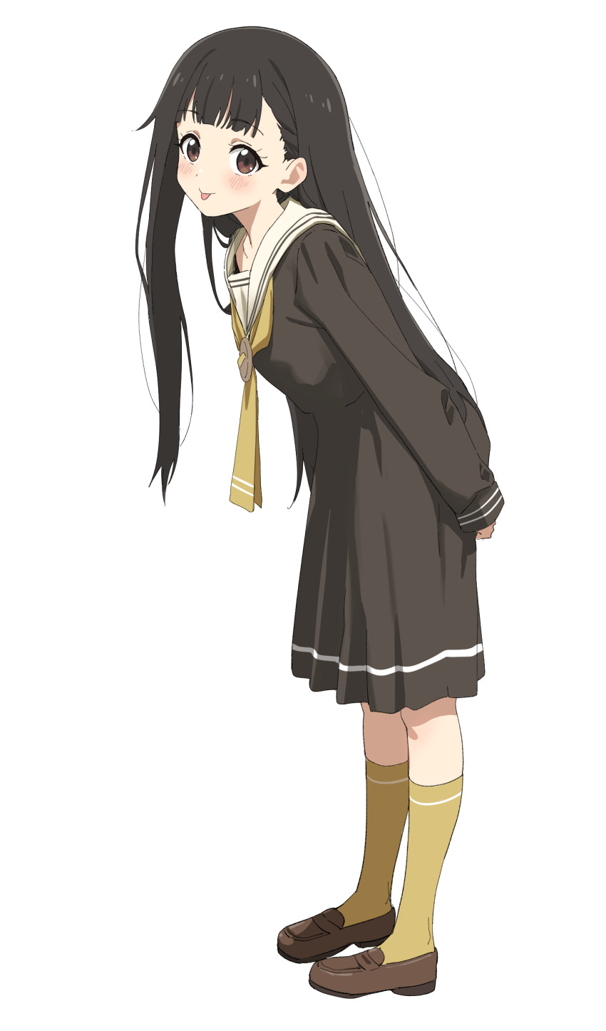 1girl :p absurdres black_hair blush brown_eyes brown_shoes commentary_request full_body highres kneeling loafers long_hair long_sleeves looking_at_viewer make_heroine_ga_oo_sugiru! neckerchief nukumizu_kaju sailor_collar school_uniform shoes simple_background sincos socks solo tongue tongue_out white_background white_sailor_collar yellow_neckerchief yellow_socks